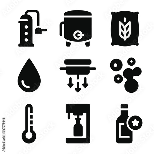 Vodka Production Icons. Solid, filled icon set of vodka production: distillation column, fermentation tank, grain sack, water