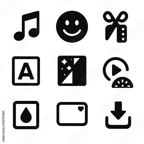 Creative Tool Icons. Solid, filled icons set of creative tools for short-form ads: music track, emoji sticker,