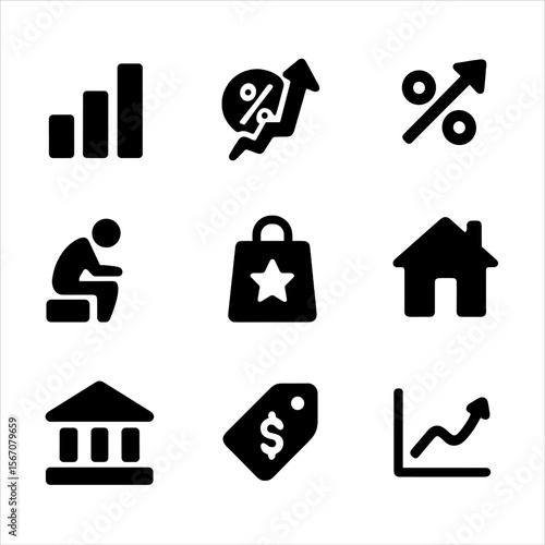 Economic Indicators Icons. Solid, filled icon set of economic indicators: GDP bar, inflation symbol, interest rate, unemployment