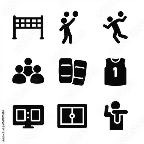 Volleyball Icon Set. Solid, filled icon set of volleyball team: volleyball net, serve icon, player jump, team circle, knee pads,