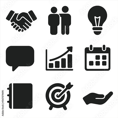 Workplace Mentorship Icons. Solid, filled icons set of workplace mentorship and coaching: handshake, mentor