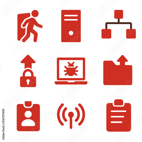 Red Team Icons. Solid, Filled icon set of red team operations: covert entry, command-and-control server, lateral movement path,