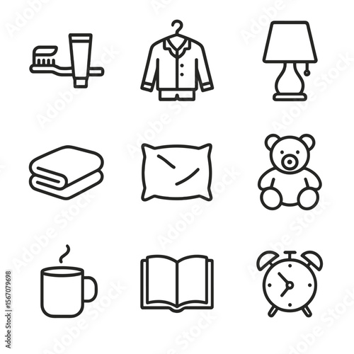 Bedtime Routine Icons. Outline icon set of bedtime routine essentials: toothbrush and toothpaste, pajamas hanging, night lamp,