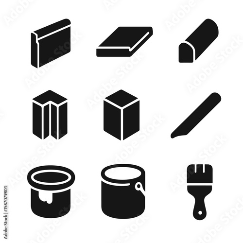 Wall Trim Icons. Solid, filled icon set of materials for wall trim and baseboards: wood trim, MDF board, shoe molding, inside