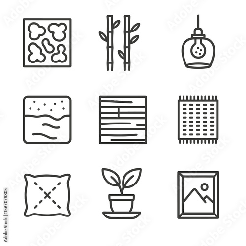 Biophilic Design Icons. Outline icon set of biophilic interior elements: living moss wall panel, bamboo room divider, recycled