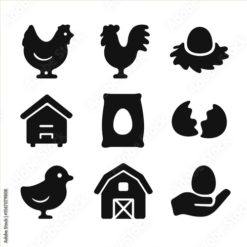 Egg Farm Icons. Solid, filled icon set of egg-related farm elements: hen, rooster, nest, coop, feed bag, eggshell, chick, barn,