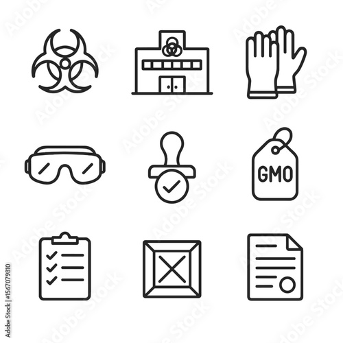 Biosafety Icon Set. Outline icon set of biosafety and regulatory frameworks: biohazard sign, containment lab building, protective