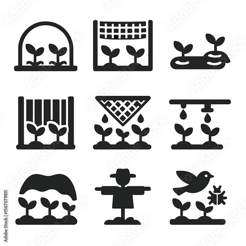 Crop Protection Icons. Solid, filled icons set of crop protection methods: row covers, shade cloth, plastic
