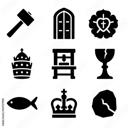 Reformation Icon Set. Solid, Filled icon set of the Reformation and schisms: Luther’s hammer, Wittenberg door, Protestant rose,