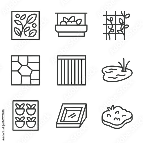 Biophilic Facade Icons. Outline icon set of biophilic facade elements: living wall panel, green balcony planter, climbing vine
