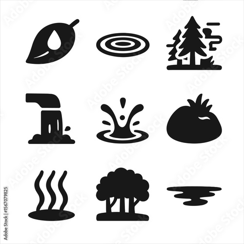 Forest Rain Icons. Solid, filled icon set of forest rain ambience: water droplet on leaf, ripple in pond, mist through trees,