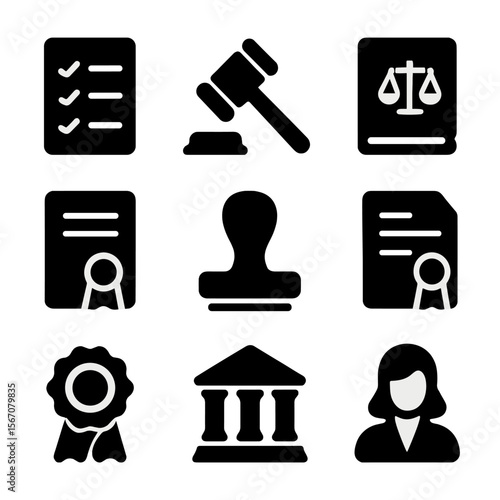 Regulatory Compliance Icons. Solid, Filled icon set of regulatory compliance: checklist, gavel, law book, certificate seal, audit