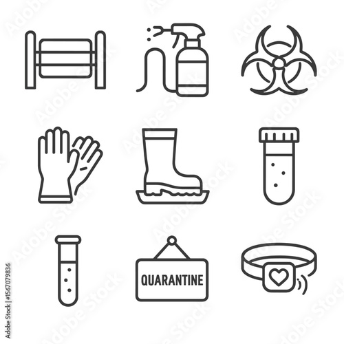 Biosecurity Icon Set. Outline icon set of disease detection and biosecurity: isolation pen gate, disinfectant sprayer, biohazard