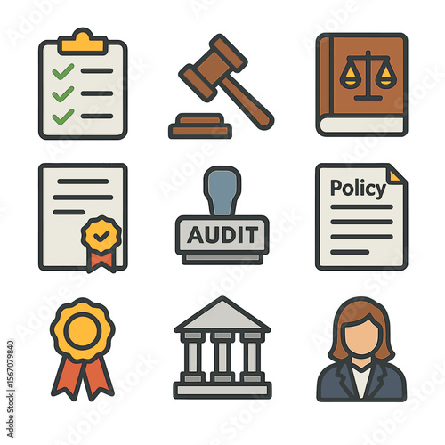 Regulatory Compliance Icons. Flat icon set of regulatory compliance: checklist, gavel, law book, certificate seal, audit stamp,