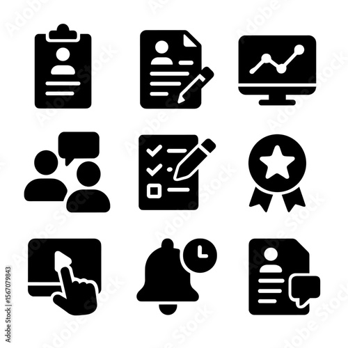 Education Icon Set. Solid, filled icon set of personalized education: learning plan, customized curriculum, progress tracker,