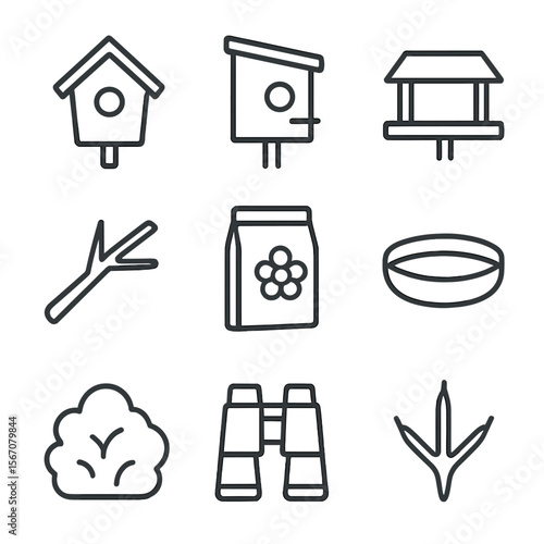 Bird Habitat Icons. Outline icon set of bird feeding and habitat: birdhouse, nesting box, feeder platform, branch perch, seed