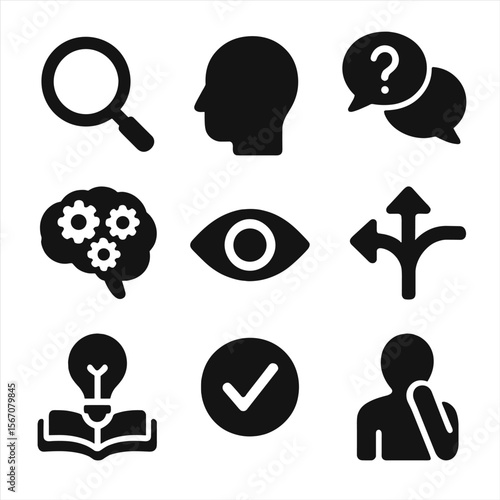 Critical Thinking Icons. Solid, filled icons set of critical thinking development: magnifying glass, thinking