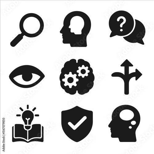 Critical Thinking Icons. Solid, filled icons set of critical thinking development: magnifying glass, thinking