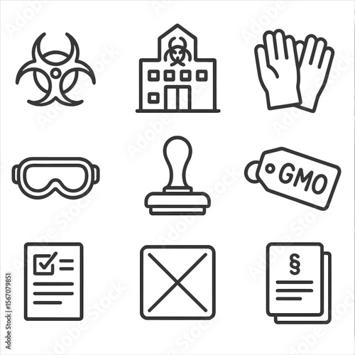 Biosafety Icon Set. Outline icon set of biosafety and regulatory frameworks: biohazard sign, containment lab building, protective