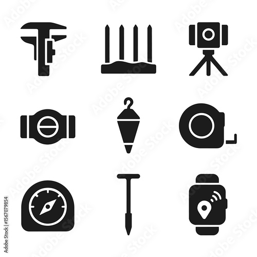 Erosion Tools Icons. Solid, filled icon set of erosion measurement tools: caliper, erosion pins, laser scanner, water level,