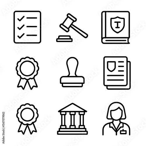 Regulatory Compliance Icons. Outline icon set of regulatory compliance: checklist, gavel, law book, certificate seal, audit stamp,