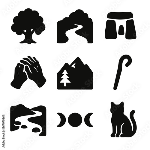 Elder Wisdom Icons. Solid, filled icon set of elder wisdom in nature: oak tree, quiet path, stone circle, weathered hands,