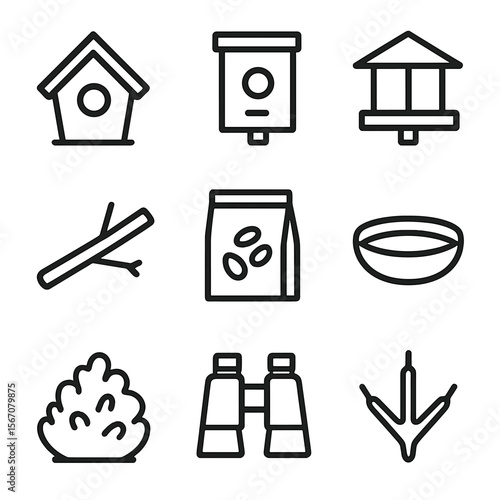 Bird Habitat Icons. Outline icon set of bird feeding and habitat: birdhouse, nesting box, feeder platform, branch perch, seed
