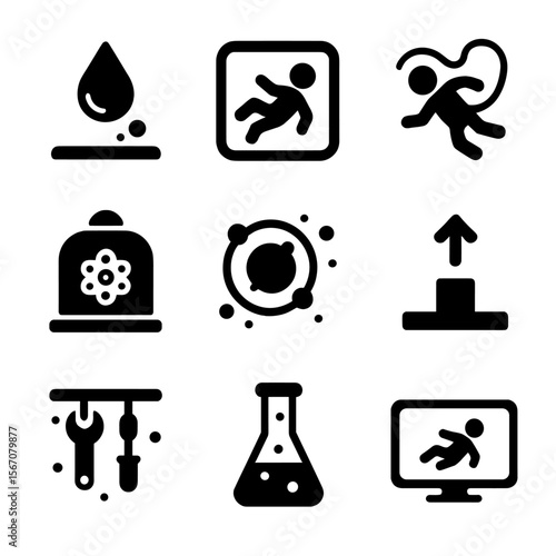 Zero Gravity Icons. Solid, filled icons set of zero gravity experiments: floating droplet, microgravity