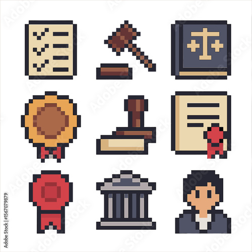 Regulatory Compliance Icons. Pixel art icon set of regulatory compliance: checklist, gavel, law book, certificate seal, audit