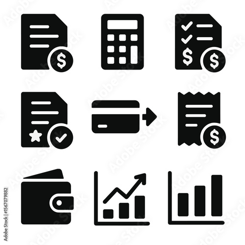 Freelance Finance Icon Set. Solid, filled icon set of freelance finance management: invoice, calculator, budget sheet, tax form,