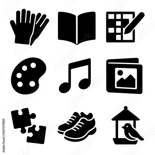 Elderly Leisure Icon Set. Solid, filled icon set of elderly leisure activities: gardening gloves, book, crossword puzzle, bird