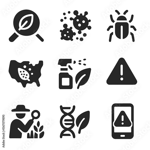 Crop Disease Icon Set. Solid, filled icons set of crop disease detection and prevention: leaf scan, fungal