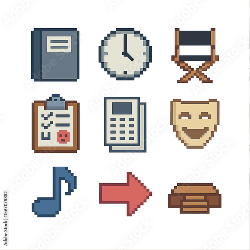 Rehearsal Pixel Icons. Pixel art icon set of workshops and rehearsals: script binder, rehearsal clock, director’s chair, feedback