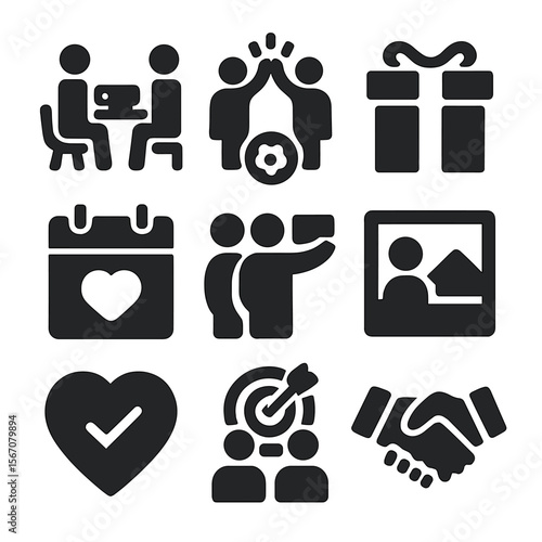 Relationship Building Icons. Solid, Filled icon set of relationship building: coffee cup meeting, shared activity icon, gift box,