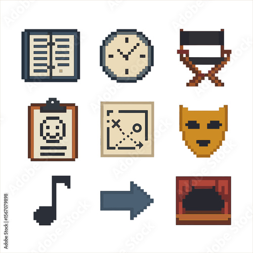 Rehearsal Pixel Icons. Pixel art icon set of workshops and rehearsals: script binder, rehearsal clock, director’s chair, feedback