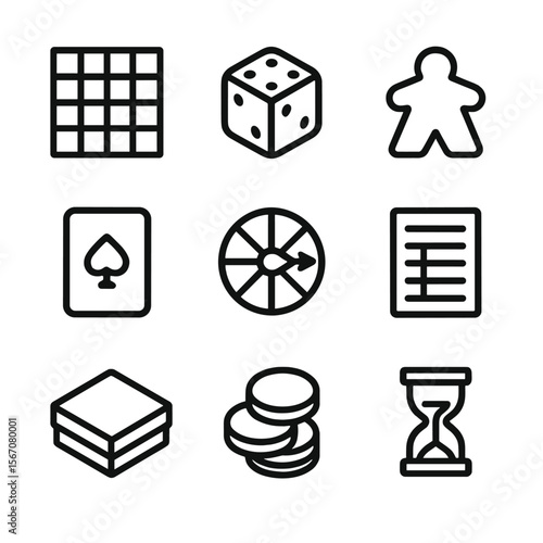 Board Game Icon Set. Outline icon set of classic board game elements: game board, dice, meeple figurine, playing card, spinner,