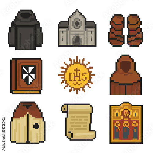Religious Orders Icons. Pixel art icon set of monastic and religious orders: Benedictine habit, Cistercian abbey, Franciscan