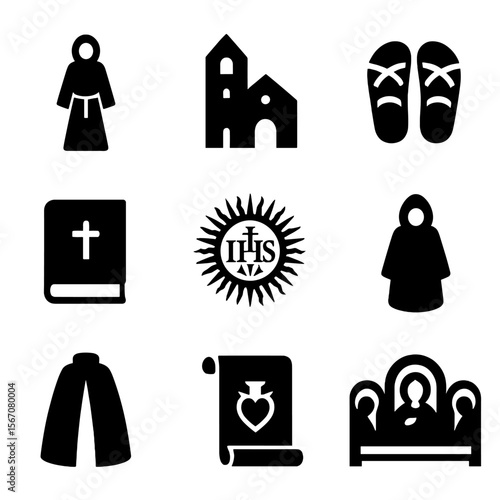 Religious Orders Icons. Solid, Filled icon set of monastic and religious orders: Benedictine habit, Cistercian abbey, Franciscan