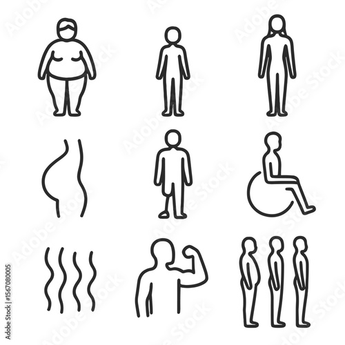 Body Diversity Icons. Outline icon set of body positivity and varied shapes: plus-size silhouette, petite silhouette, tall