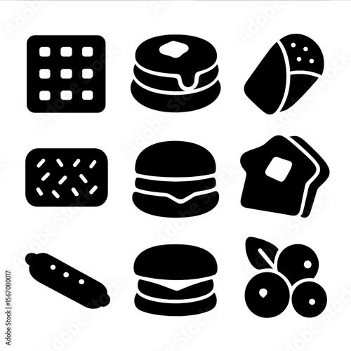 Frozen Breakfast Icons. Solid, filled icon set of frozen breakfast foods: waffles, pancakes, breakfast burrito, hash browns,