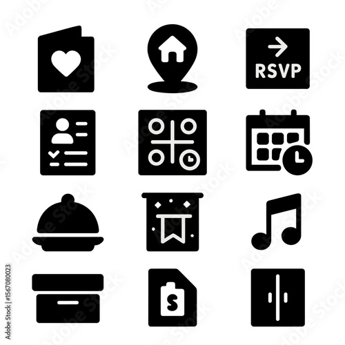 Event and Organization Icons. Solid, filled icon set of event planning: invitation, venue pin, RSVP card, guest list, seating
