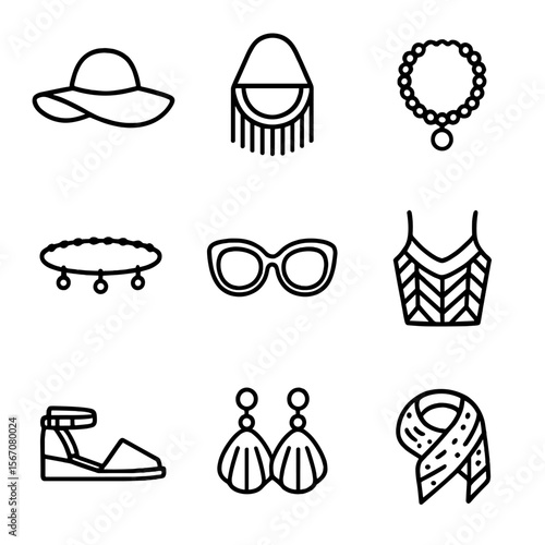 Boho Fashion Icons. Outline icon set of boho fashion accessories: floppy sun hat, fringe bag, beaded necklace, ankle bracelet,