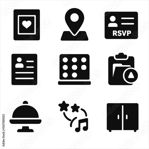 Event and Organization Icons. Solid, filled icon set of event planning: invitation, venue pin, RSVP card, guest list, seating