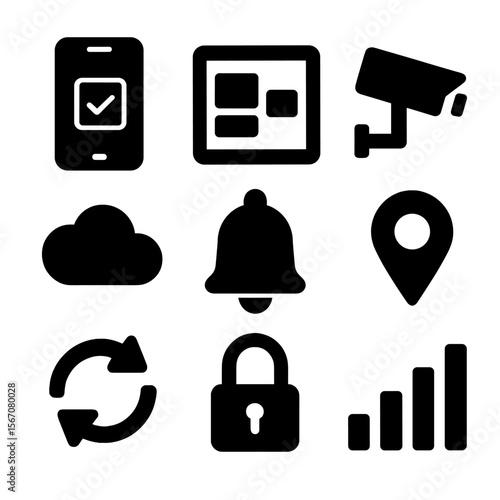 Remote Monitoring Icons. Solid, Filled icon set of remote monitoring and control: smartphone display, tablet interface, live