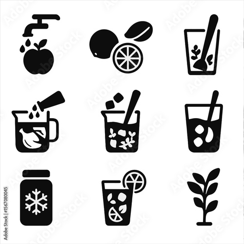Fruit Infusion and Spring Icons. Solid, filled icon set of Fruit infusion preparation steps: wash fruit, slice fruit, muddle herbs