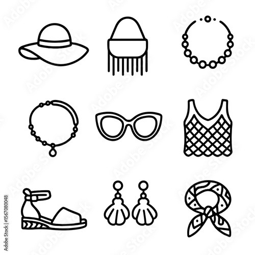 Boho Fashion Icons. Outline icon set of boho fashion accessories: floppy sun hat, fringe bag, beaded necklace, ankle bracelet,