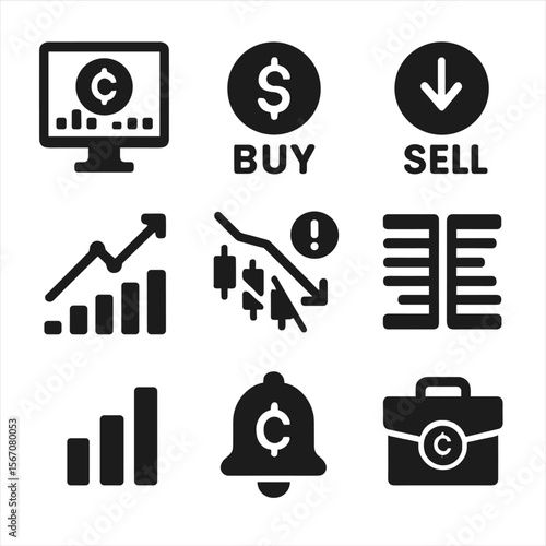 Crypto Tools Icons. Solid, filled icons set of crypto trading tools: trading platform, buy button, sell button