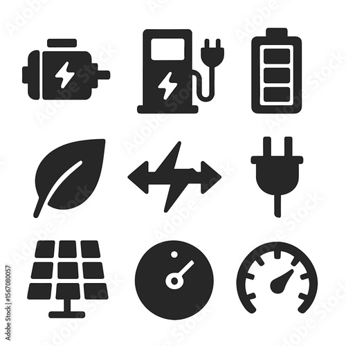 Electric Vehicle Icons. Solid, filled icon set of electric autonomous vehicles: electric motor, charging station, battery pack,