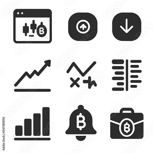 Crypto Tools Icons. Solid, filled icons set of crypto trading tools: trading platform, buy button, sell button