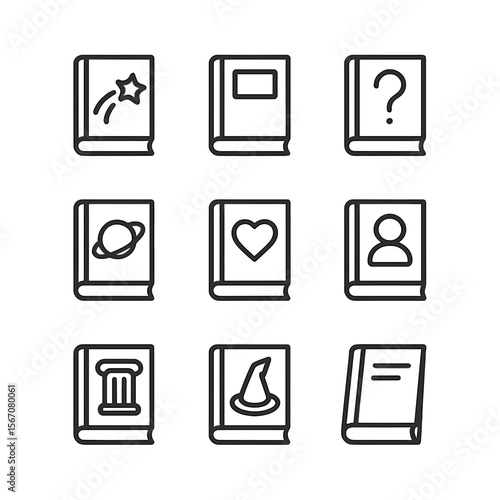 Book Genre Icons. Outline icon set of genre-based book collections: fiction book, non-fiction book, mystery novel, sci-fi book,